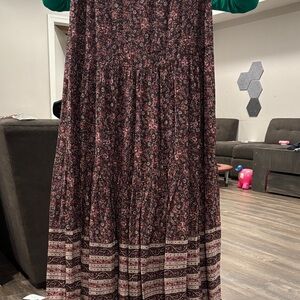 Veronica Beard Burgundy Floral Tiered Maxi Skirt